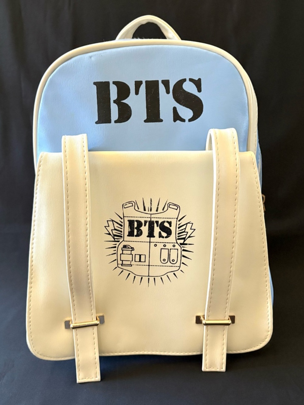 BTS Bangtan Army K-Pop Mini Backpack Blue Cream Bulletproof Vest Vegan Leather